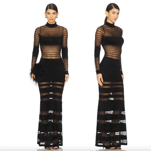 NEW retrofete Johanne Maxi Dress in Black Long Sleeve Sheer Striped - Picture 2 of 2